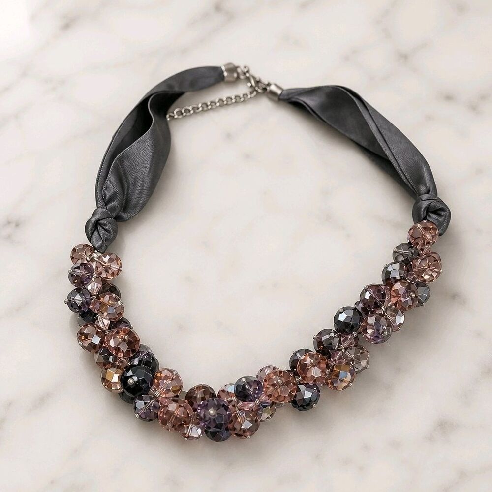ALI KHAN NEW YORK Purple Multifaceted Beaded Choker Gray Ribbon Necklace